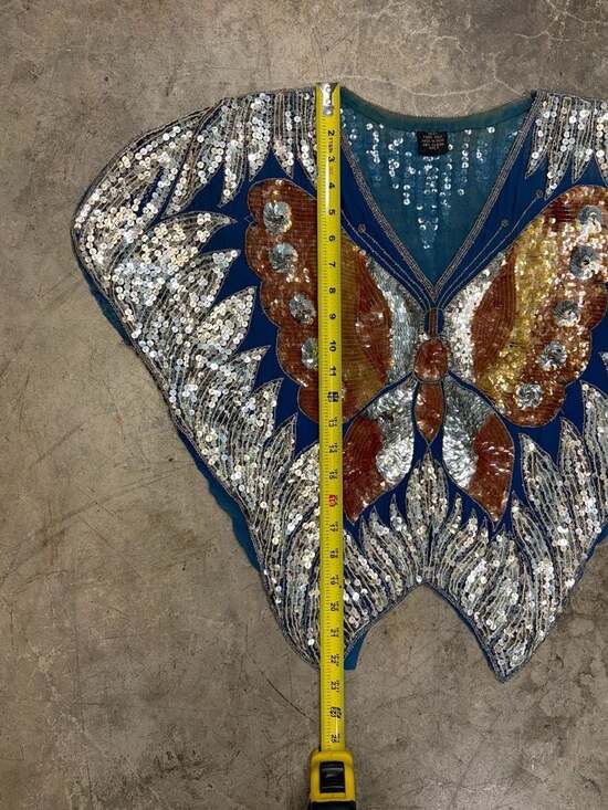 Y2K Sequin Butterfly Top Vintage 80s Disco with Flutter Sleeves 100% Silk Blue - Picture 6 of 8